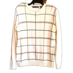 Vintage Knit Grandpa Sweater Men's 2XL Long Sleeve Cream Plaid Oscar de la Renta